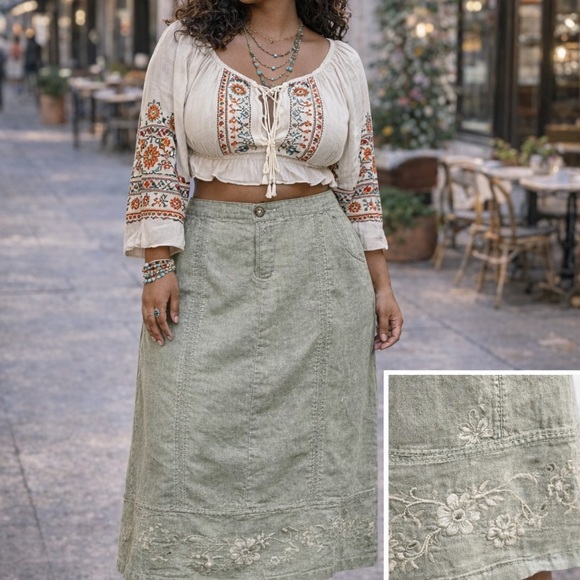 Denim&Co Dresses & Skirts - Denim&Co Olive Embroidered Midi Skirt